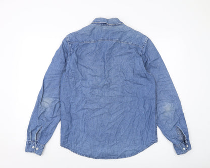 Back view of ASOS women’s blue cotton basic button-up, size S, collared