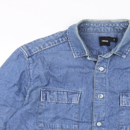 Close-up detail of ASOS women’s blue cotton basic button-up, size S, collared