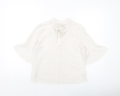 Additional front view of Miss Selfridge women’s beige striped polyester basic blouse, size UK 10, v-neck