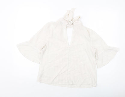 Back view of Miss Selfridge women’s beige striped polyester basic blouse, size UK 10, v-neck