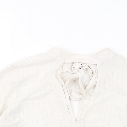 Close-up detail of Miss Selfridge women’s beige striped polyester basic blouse, size UK 10, v-neck