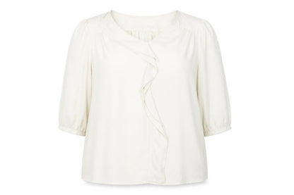 Front view of Autograph women’s beige polyester basic blouse, size UK 20, round neck