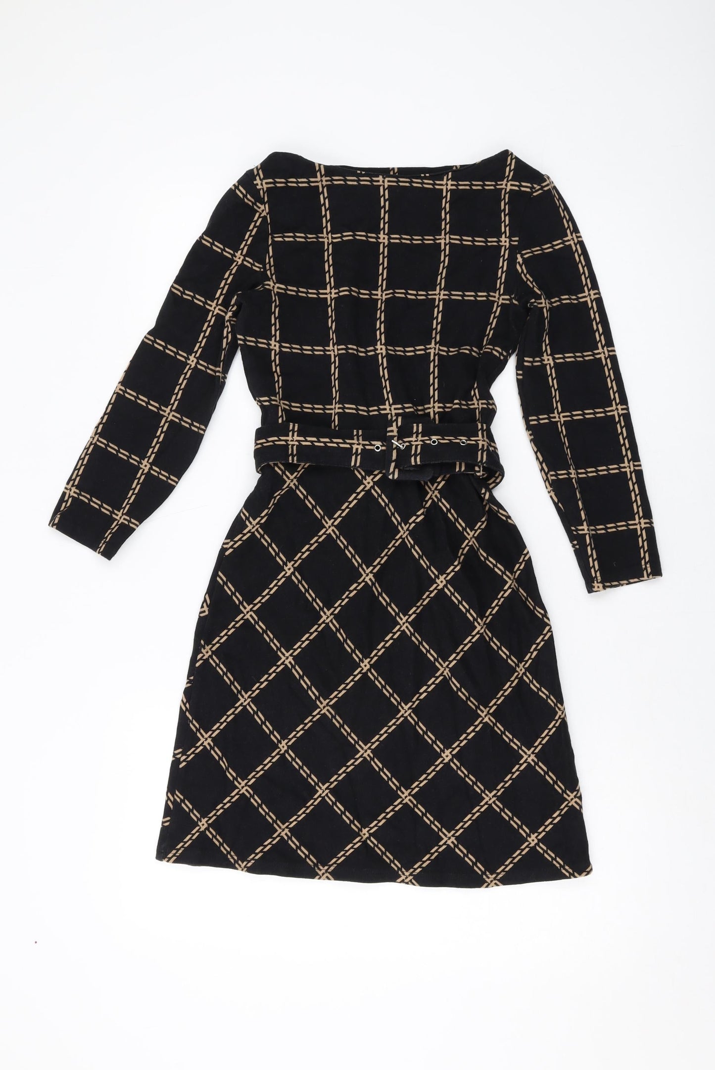 Warehouse Womens Black Plaid Cotton A-Line Size 6 Round Neck Pullover