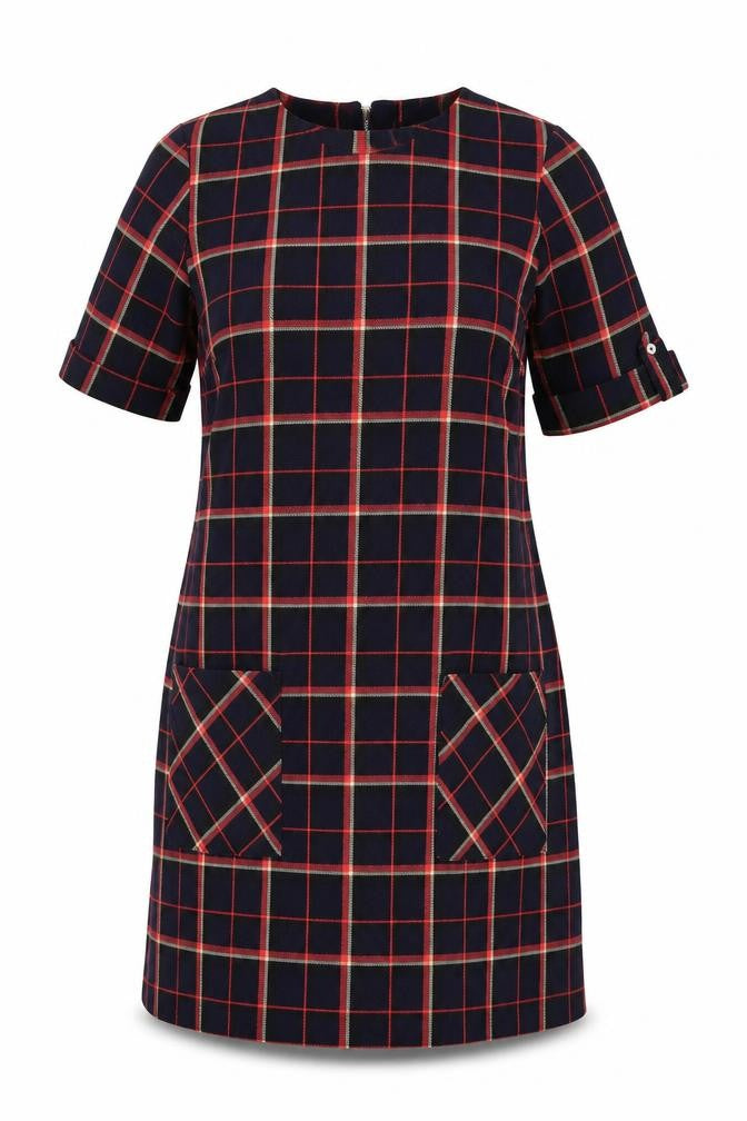 Dorothy Perkins Womens Blue Plaid Polyester A-Line Size 12 Round Neck Zip