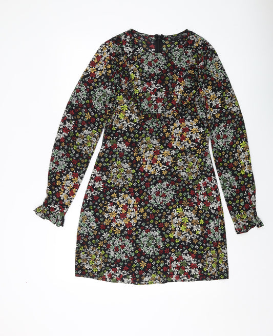 Topshop Womens Black Floral Polyester Sheath Size 10 Round Neck Zip