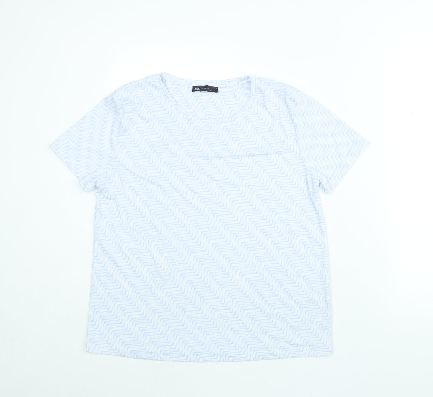 Marks and Spencer Womens Blue Geometric Polyester Basic T-Shirt Size 12 Round Neck