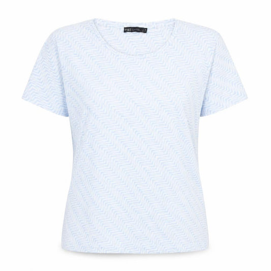 Marks and Spencer Womens Blue Geometric Polyester Basic T-Shirt Size 12 Round Neck
