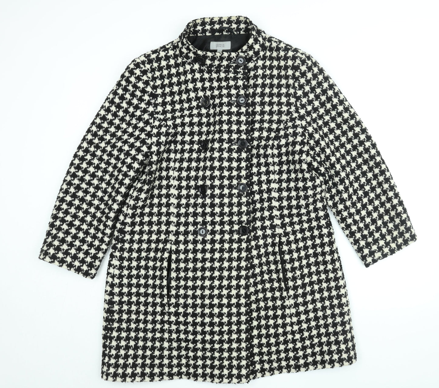 Marks and Spencer Womens Black Check Overcoat Coat Size 16 Button - Houndstooth