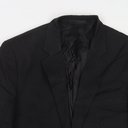 Close-up detail of French Connection men’s black polyester jacket suit jacket, size 40, regular