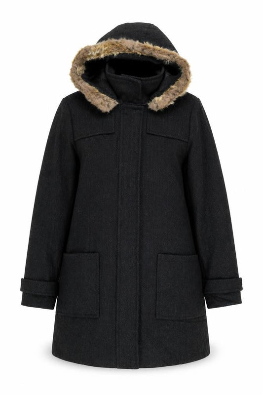 Front view of Papaya women’s grey overcoat coat, size UK 14, zip