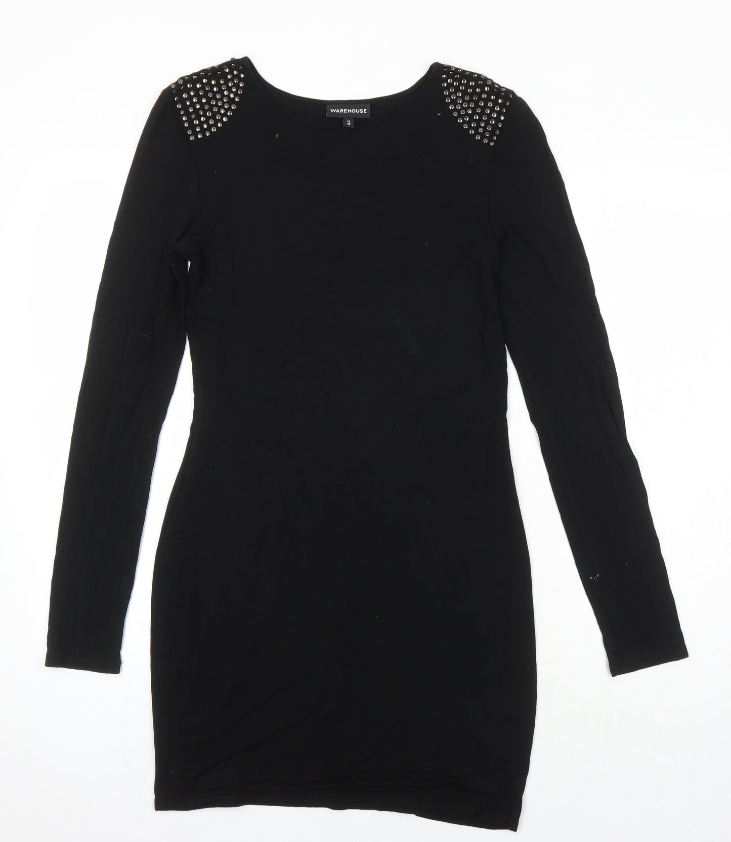 Warehouse Womens Black Viscose Shift Size 12 Round Neck - Studded shoulder detail