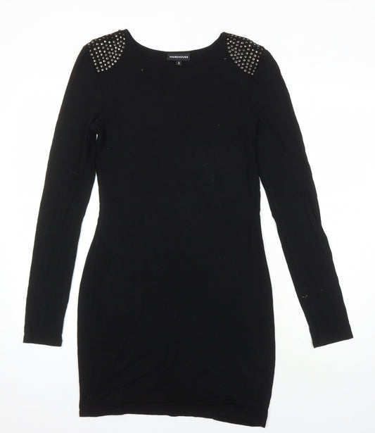 Warehouse Womens Black Viscose Shift Size 12 Round Neck - Studded shoulder detail