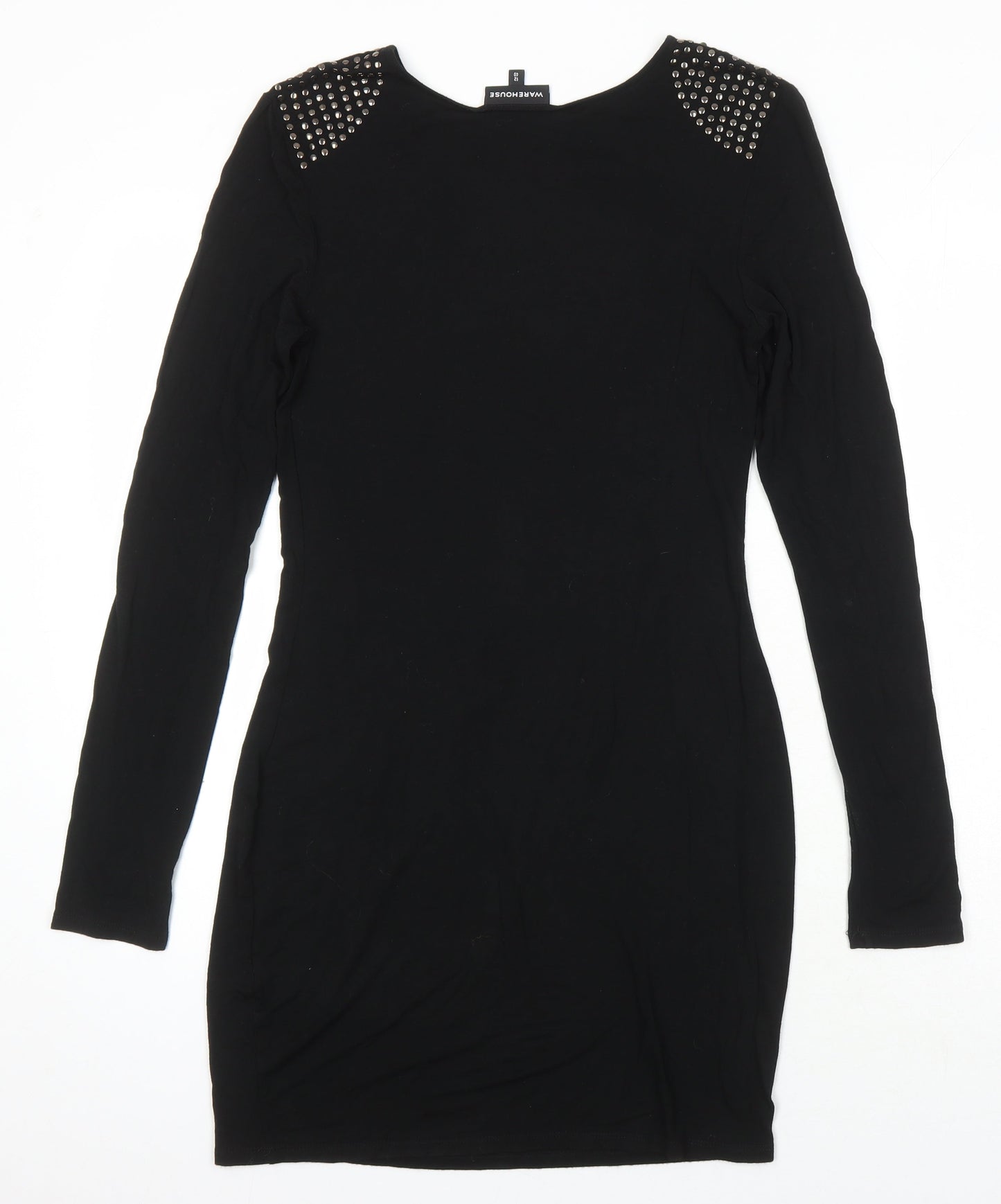 Warehouse Womens Black Viscose Shift Size 12 Round Neck - Studded shoulder detail