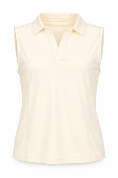 Front view of ASOS women’s ivory polyester basic t-shirt, size M, collared