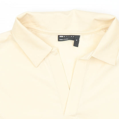 Close-up detail of ASOS women’s ivory polyester basic t-shirt, size M, collared