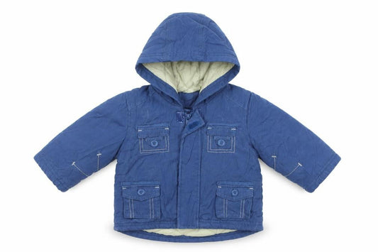 Front view of Mothercare boys’ blue jacket coat, size 3-6, months