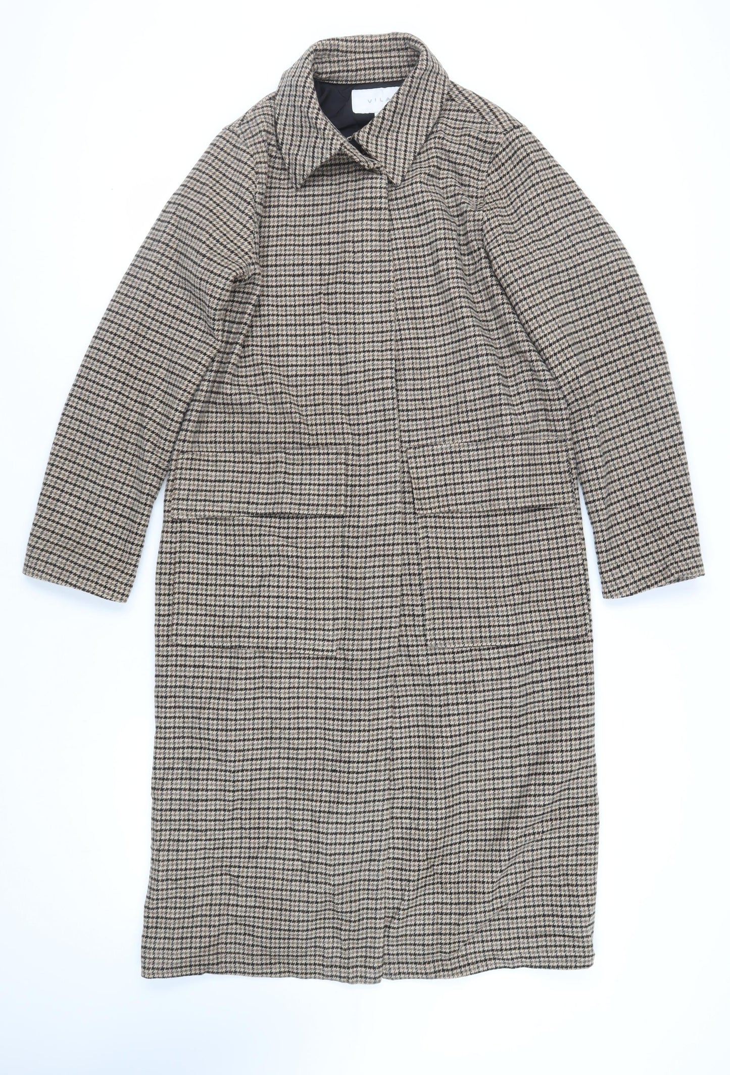 VILA Womens Brown Geometric Overcoat Coat Size 12 Button