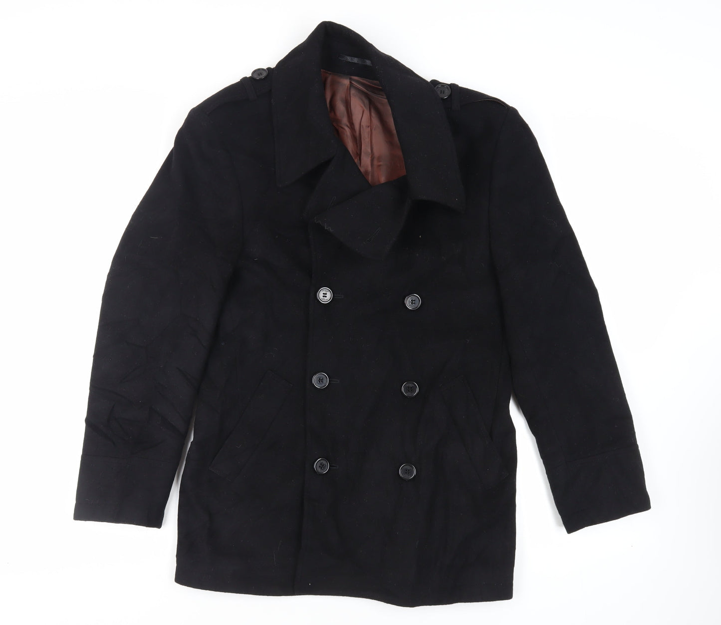 Remus Uomo Mens Black Pea Coat Coat Size M Button