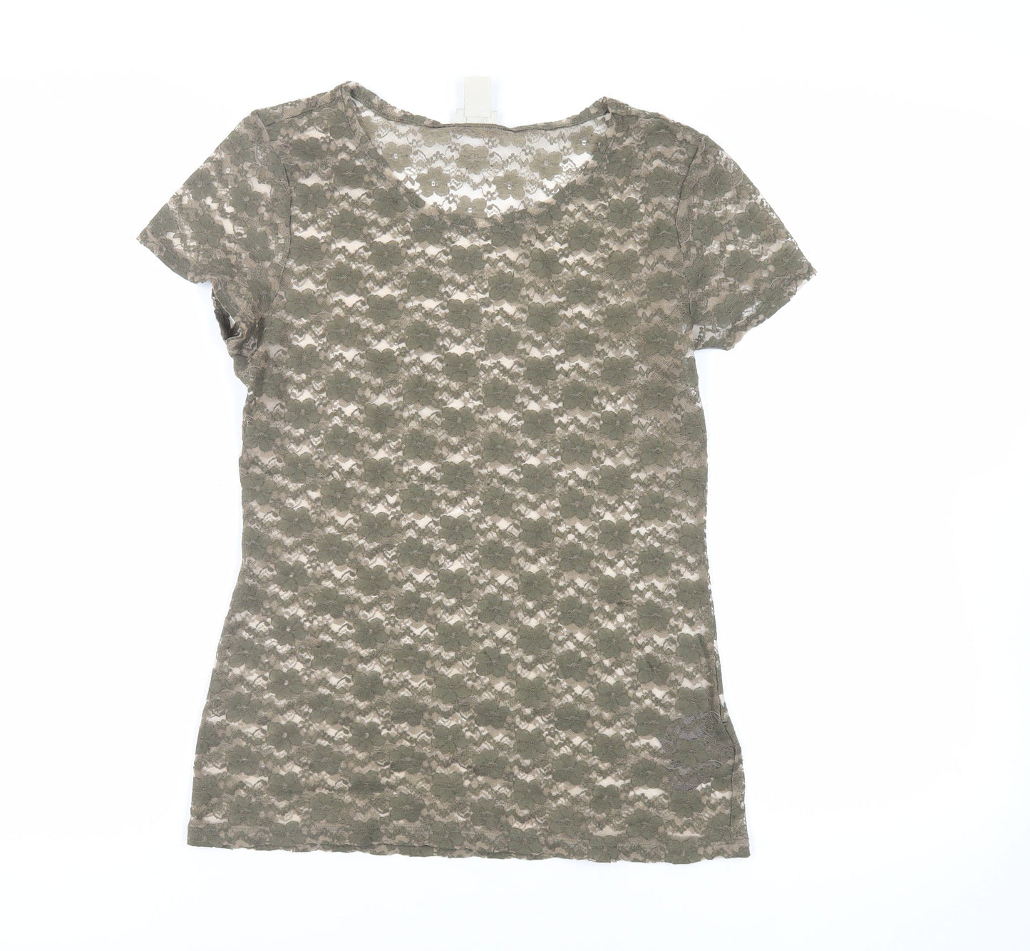 H&M Womens Green Polyester Basic T-Shirt Size M Round Neck - Sheer
