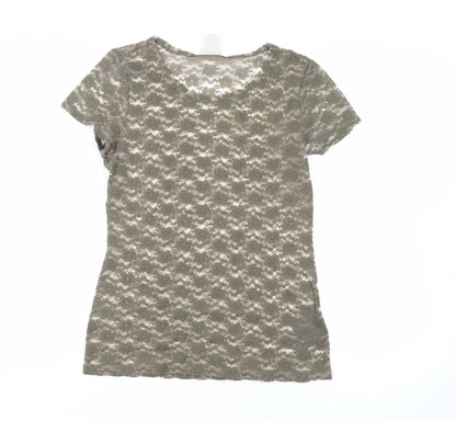 H&M Womens Green Polyester Basic T-Shirt Size M Round Neck - Sheer