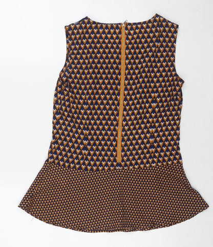 Max Womens Brown Geometric Polyester Basic Blouse Size 10 Round Neck