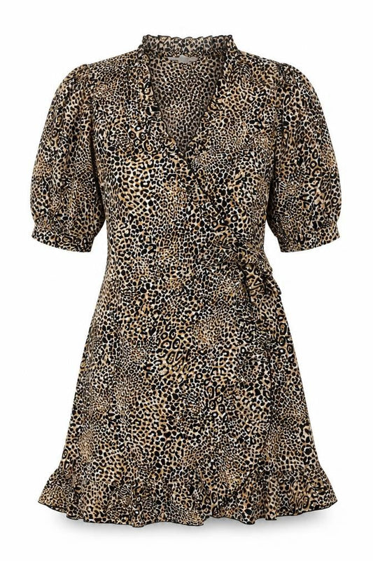 Topshop Womens Brown Animal Print Polyester Wrap Dress Size 12 V-Neck Tie