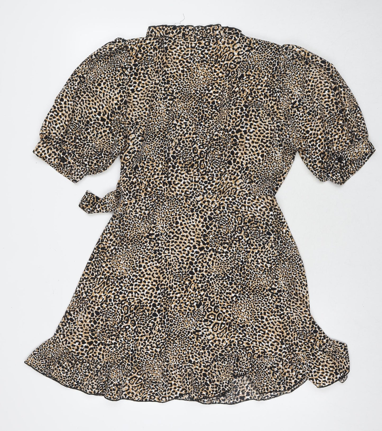 Topshop Womens Brown Animal Print Polyester Wrap Dress Size 12 V-Neck Tie