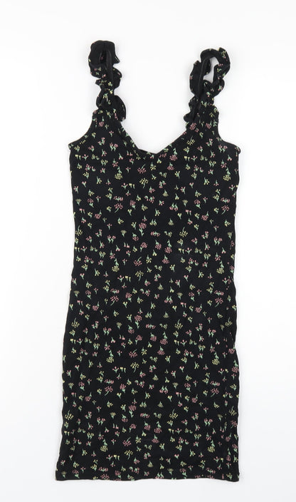 Additional front view of Miss Selfridge women’s black floral viscose bodycon, size UK 6, v-neck pullover