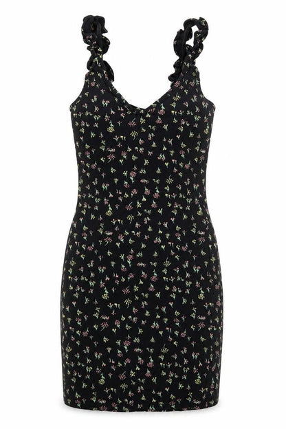 Front view of Miss Selfridge women’s black floral viscose bodycon, size UK 6, v-neck pullover