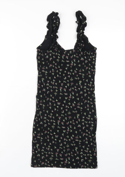 Back view of Miss Selfridge women’s black floral viscose bodycon, size UK 6, v-neck pullover