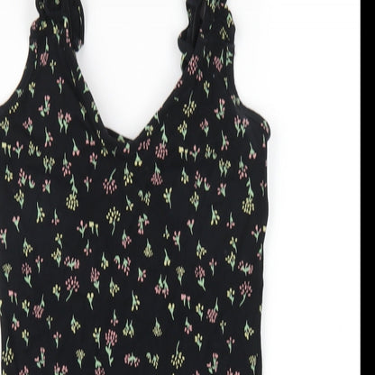 Close-up detail of Miss Selfridge women’s black floral viscose bodycon, size UK 6, v-neck pullover