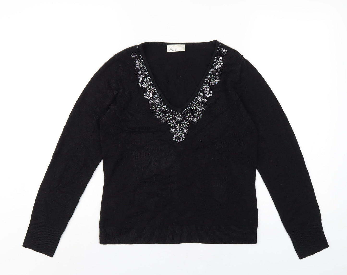 BHS Womens Black Acrylic Basic T-Shirt Size 12 V-Neck - Beaded Neckline