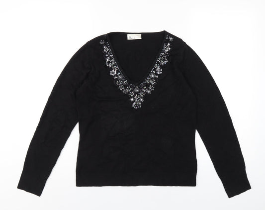 BHS Womens Black Acrylic Basic T-Shirt Size 12 V-Neck - Beaded Neckline