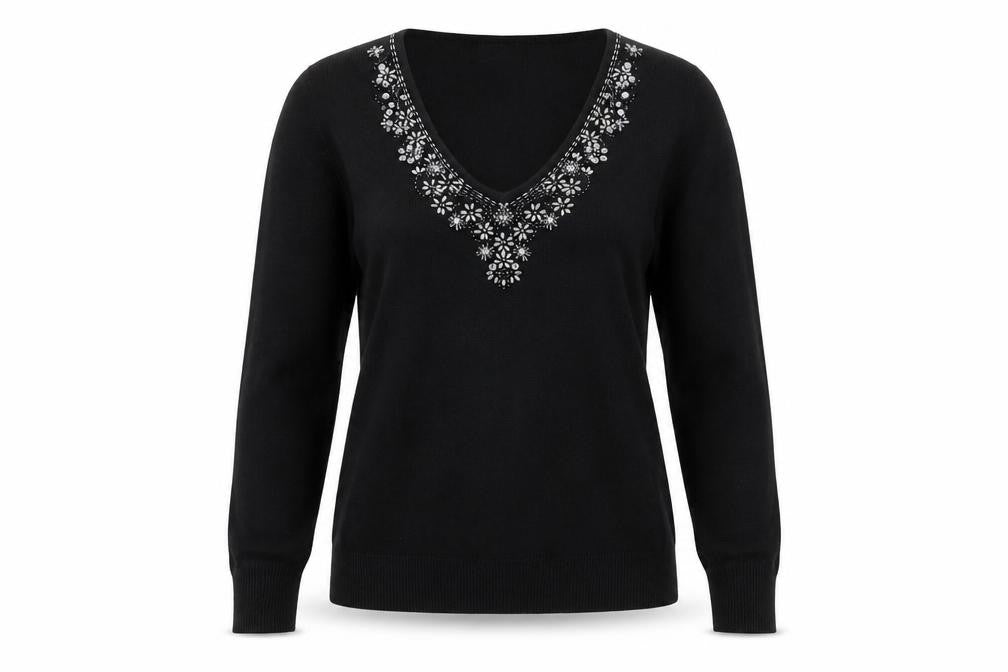 BHS Womens Black Acrylic Basic T-Shirt Size 12 V-Neck - Beaded Neckline