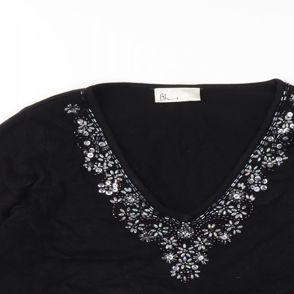 BHS Womens Black Acrylic Basic T-Shirt Size 12 V-Neck - Beaded Neckline