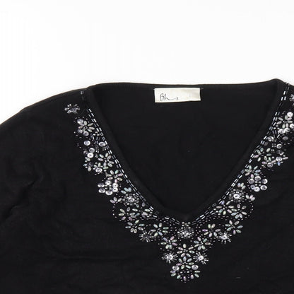 BHS Womens Black Acrylic Basic T-Shirt Size 12 V-Neck - Beaded Neckline