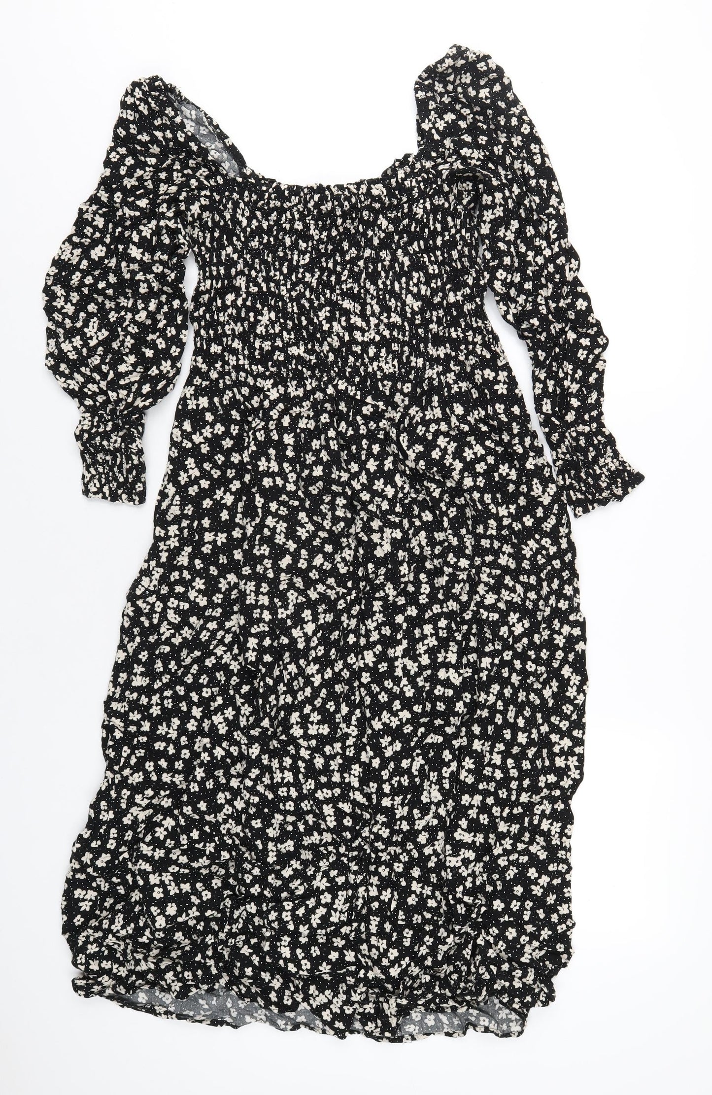H&M Womens Black Floral Viscose A-Line Size S Square Neck Pullover
