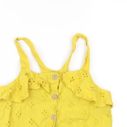 Close-up detail of Next girls’ yellow cotton basic button-up, size 12, years square neck button