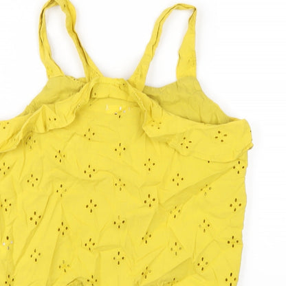 Brand and care label for Next girls’ yellow cotton basic button-up, size 12, years square neck button