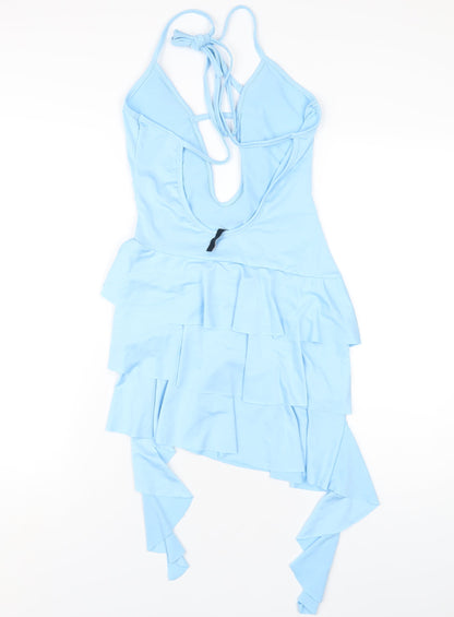 Back view of As You women’s blue polyester bodycon, size UK 10, v-neck pullover