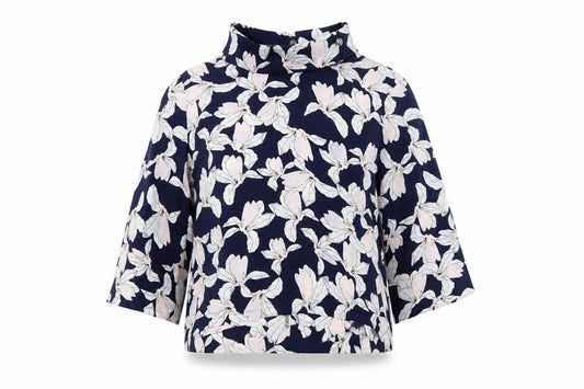 Front view of Fashion Union women’s blue floral polyester basic t-shirt, size UK 12, mock neck