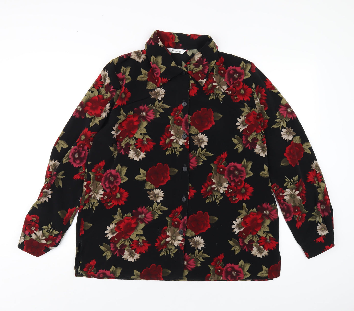 Berkertex Womens Black Floral Polyester Basic Button-Up Size 16 Collared