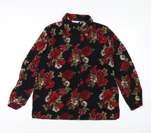 Berkertex Womens Black Floral Polyester Basic Button-Up Size 16 Collared