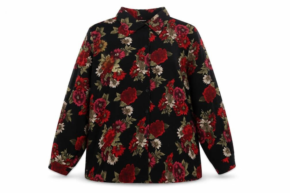 Berkertex Womens Black Floral Polyester Basic Button-Up Size 16 Collared