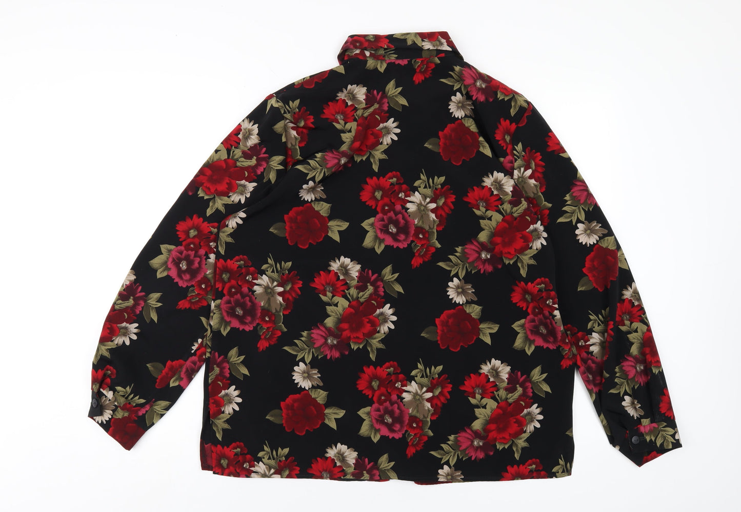 Berkertex Womens Black Floral Polyester Basic Button-Up Size 16 Collared