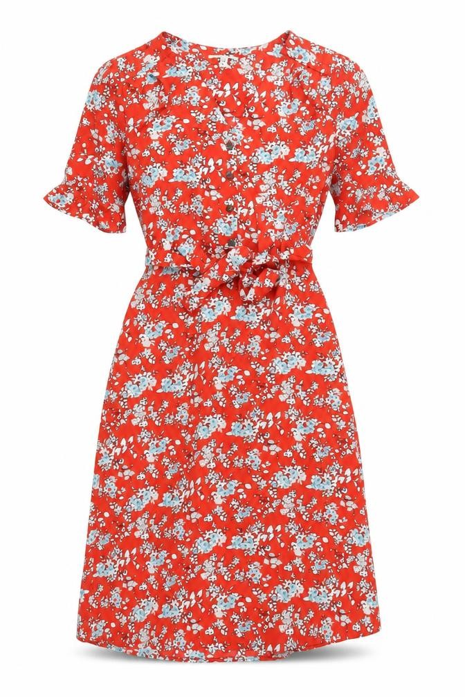 Monteau Womens Red Floral Polyester A-Line Size S V-Neck Button