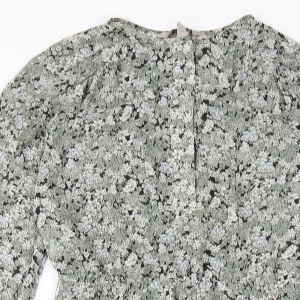 H&M Womens Green Floral Polyester A-Line Size S Round Neck Button
