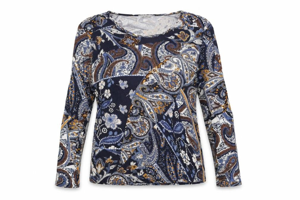 Afibel Womens Blue Paisley Viscose Basic T-Shirt Size 10 Round Neck