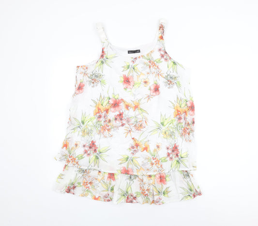 MILADYS Womens White Floral Nylon Basic T-Shirt Size 12 Round Neck