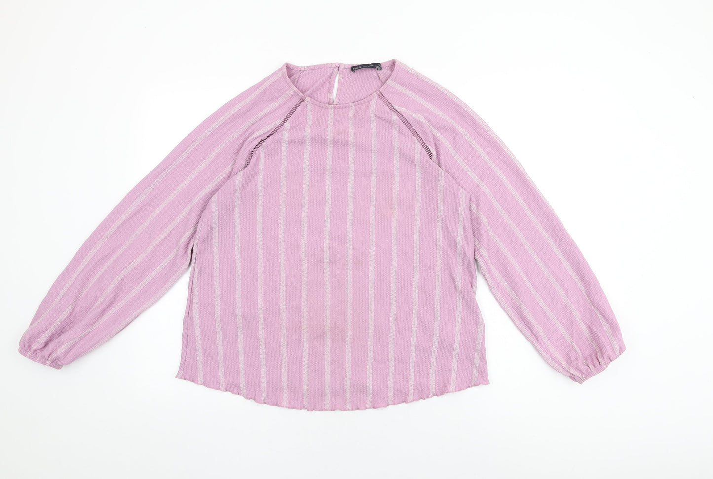 Marks and Spencer Womens Purple Striped Polyester Basic T-Shirt Size 12 Round Neck